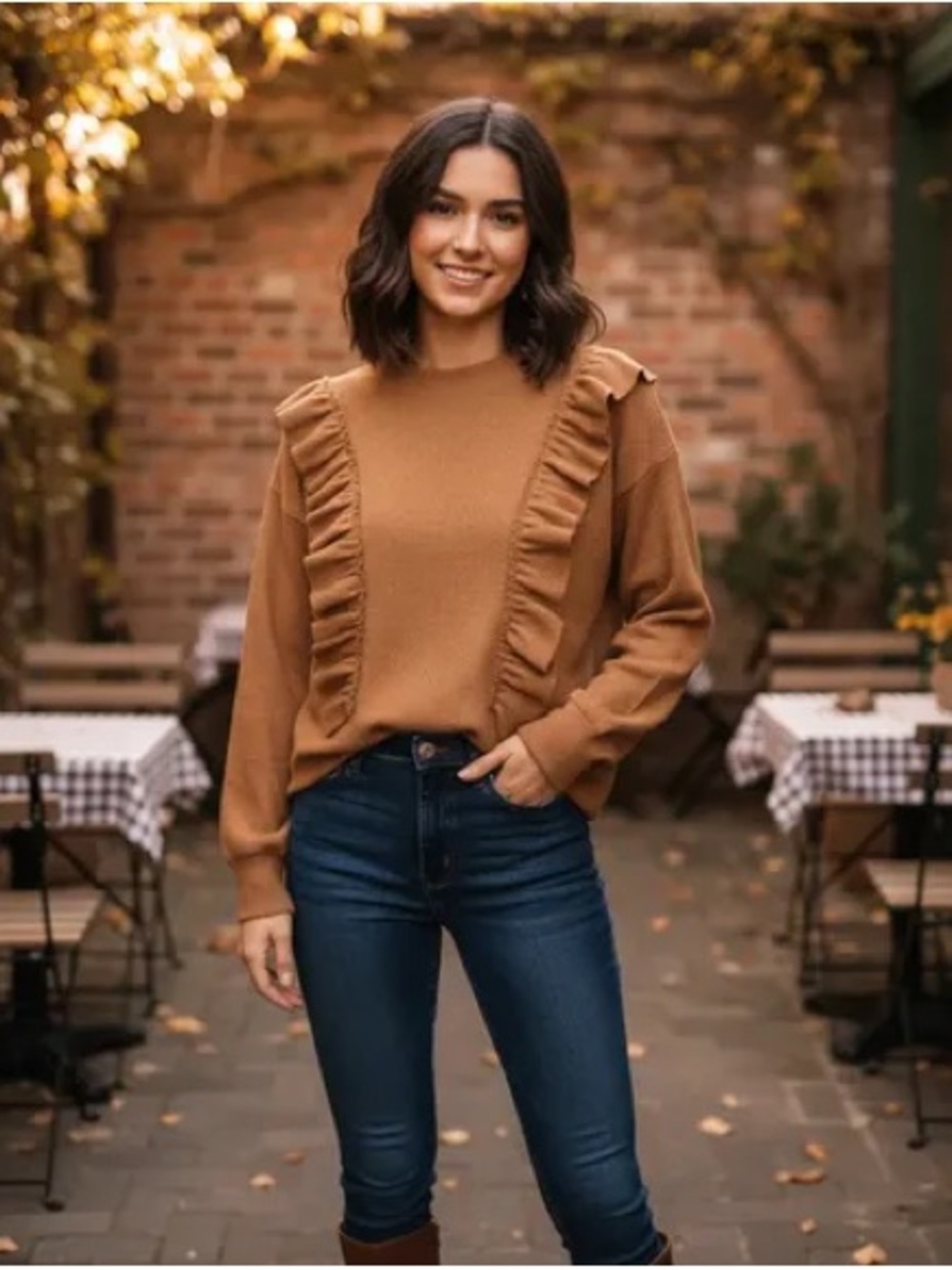 Emily McCarthy Ruffle-Trim Crewneck Sweater - Camel  M